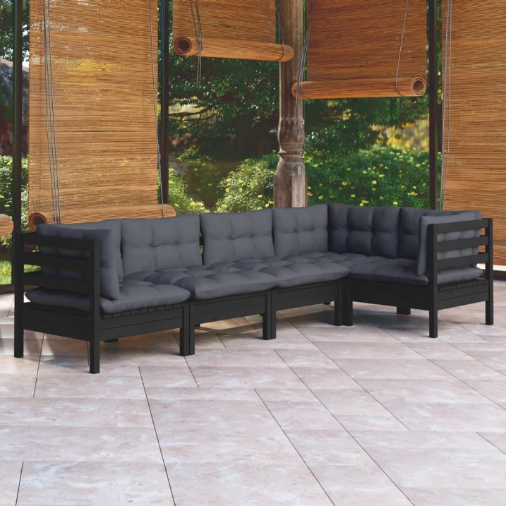 5-tlg. Garten-Lounge-Set mit Grauen Kissen Kiefernholz
