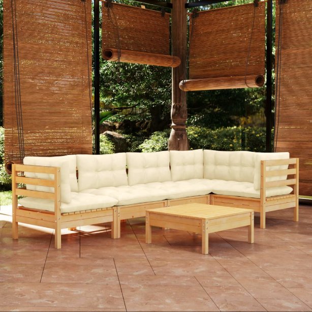 6-tlg. Garten-Lounge-Set mit Grauen Kissen Kiefernholz