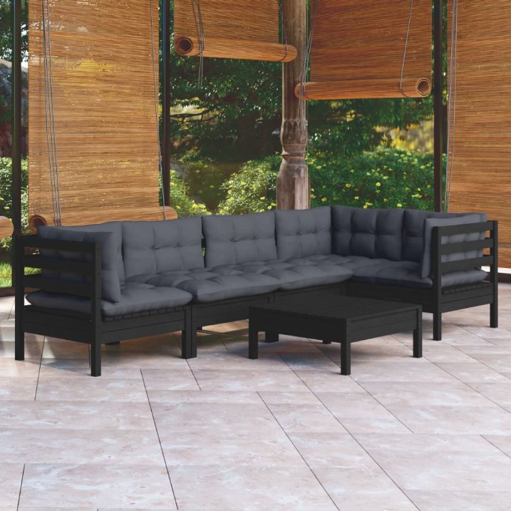6-tlg. Garten-Lounge-Set mit Grauen Kissen Kiefernholz