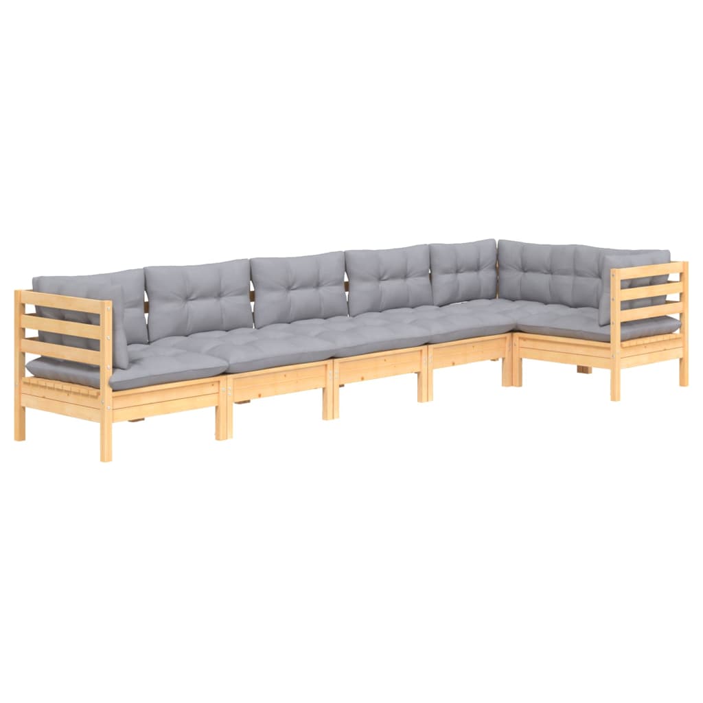 6-tlg. Garten-Lounge-Set mit Grauen Kissen Kiefernholz