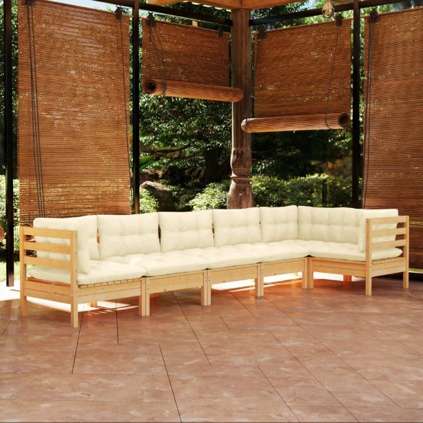 6-tlg. Garten-Lounge-Set mit Grauen Kissen Kiefernholz