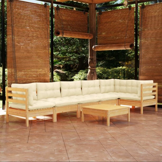 7-tlg. Garten-Lounge-Set mit Grauen Kissen Kiefernholz