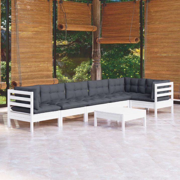 7-tlg. Garten-Lounge-Set mit Grauen Kissen Kiefernholz