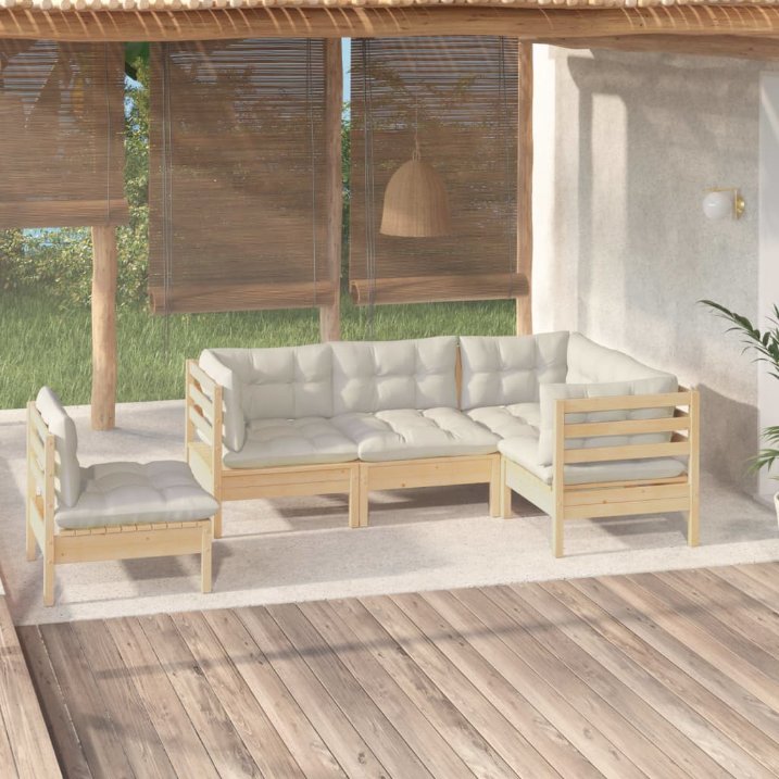 5-tlg. Garten-Lounge-Set mit Grauen Kissen Kiefernholz