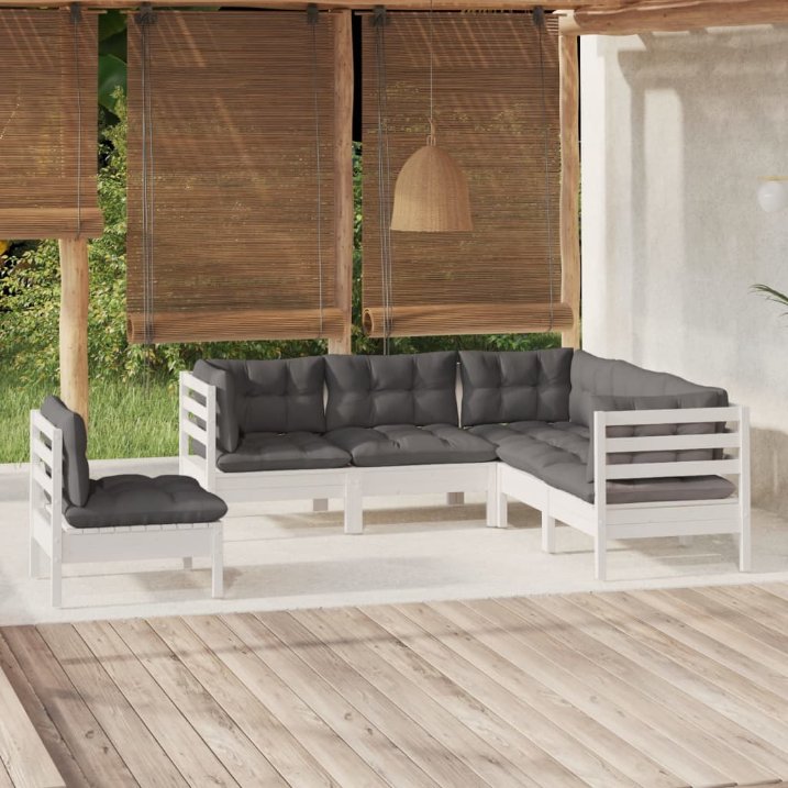5-tlg. Garten-Lounge-Set mit Grauen Kissen Kiefernholz