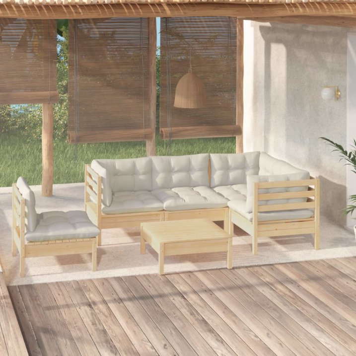 6-tlg. Garten-Lounge-Set mit Grauen Kissen Kiefernholz