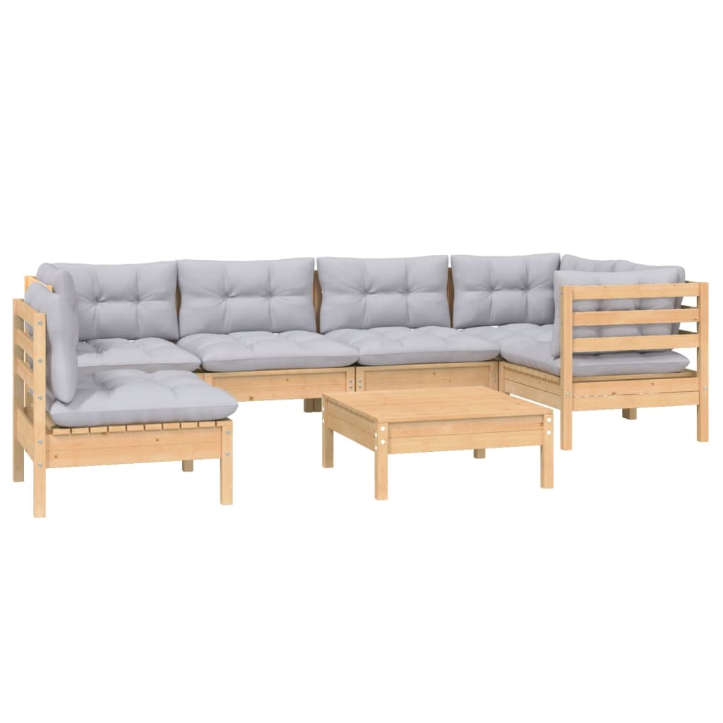 7-tlg. Garten-Lounge-Set mit Grauen Kissen Kiefernholz
