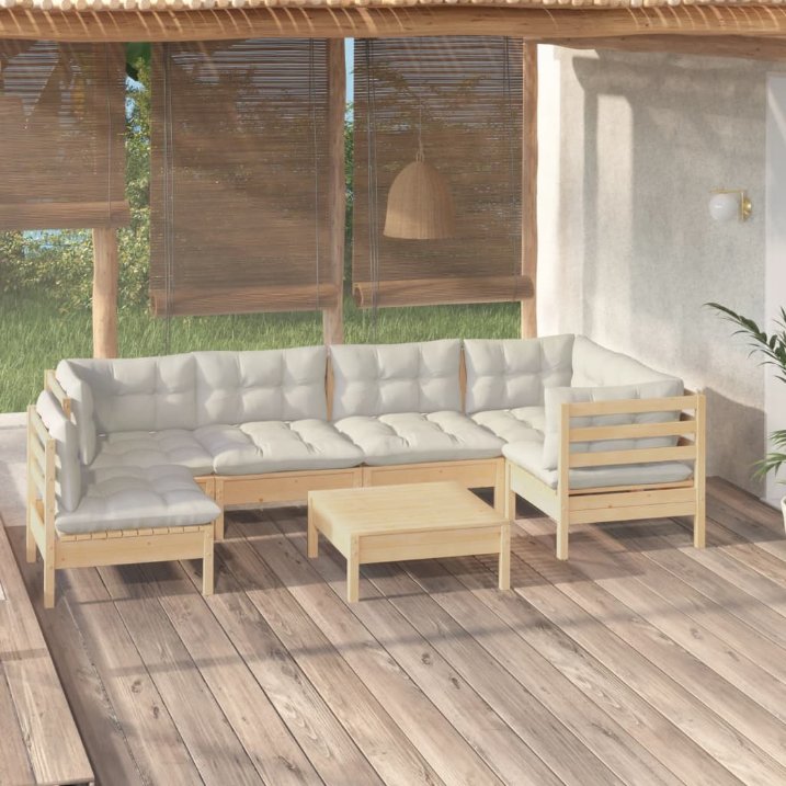 7-tlg. Garten-Lounge-Set mit Grauen Kissen Kiefernholz