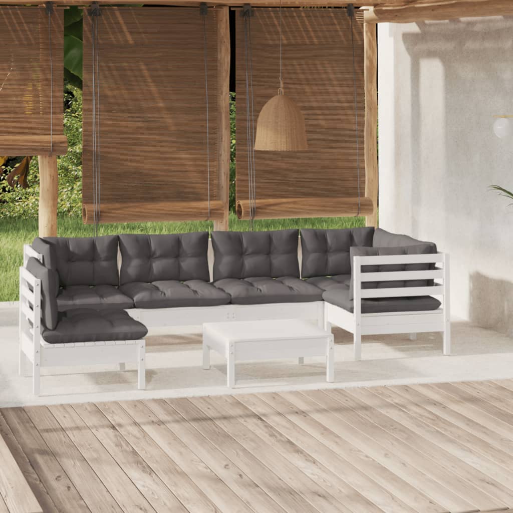 7-tlg. Garten-Lounge-Set mit Grauen Kissen Kiefernholz