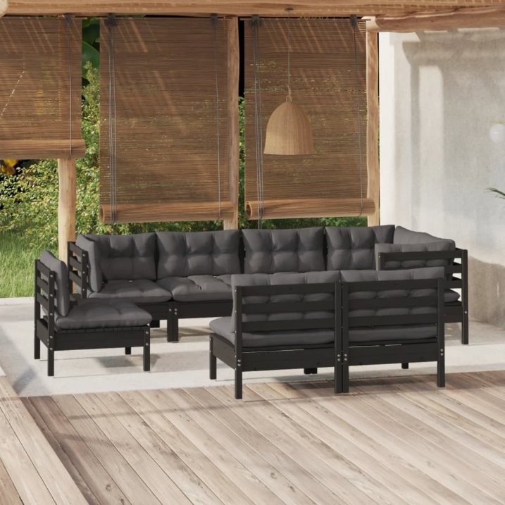 8-tlg. Garten-Lounge-Set mit Grauen Kissen Kiefer Massivholz