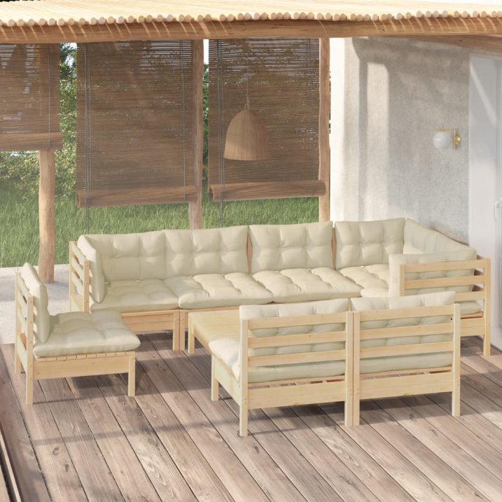 9-tlg. Garten-Lounge-Set mit Grauen Kissen Kiefer Massivholz