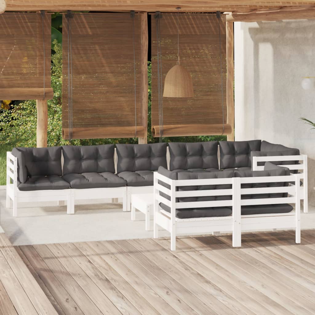 9-tlg. Garten-Lounge-Set mit Grauen Kissen Kiefer Massivholz