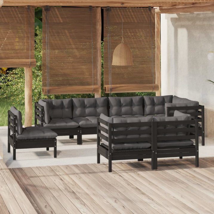 8-tlg. Garten-Lounge-Set mit Grauen Kissen Kiefer Massivholz