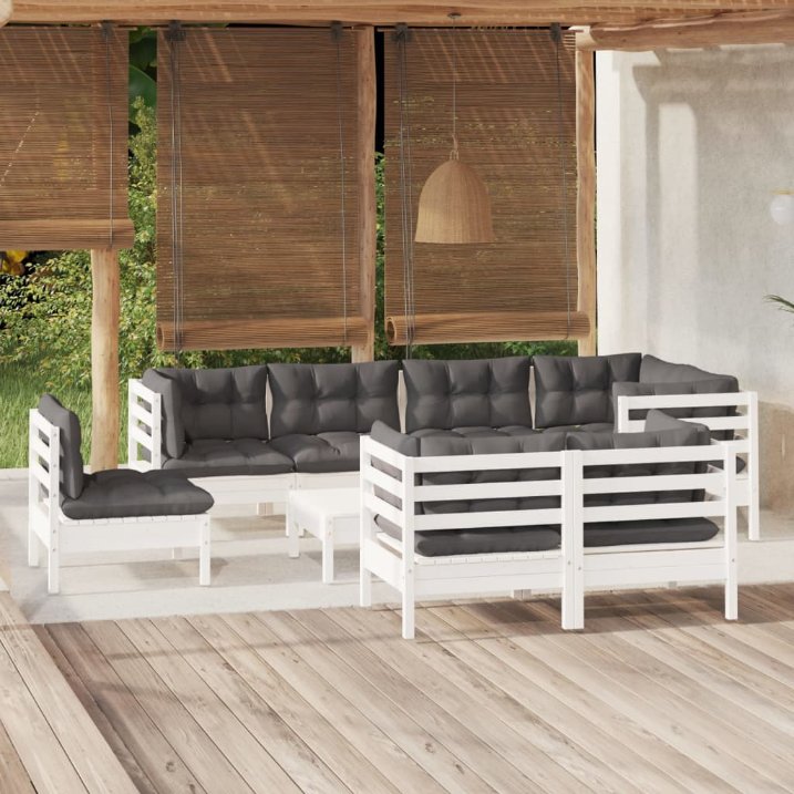 9-tlg. Garten-Lounge-Set mit Grauen Kissen Kiefer Massivholz