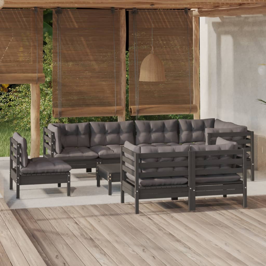 9-tlg. Garten-Lounge-Set mit Grauen Kissen Kiefer Massivholz