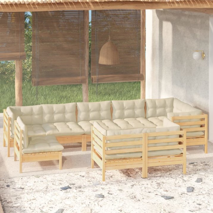 9-tlg. Garten-Lounge-Set mit Grauen Kissen Kiefer Massivholz