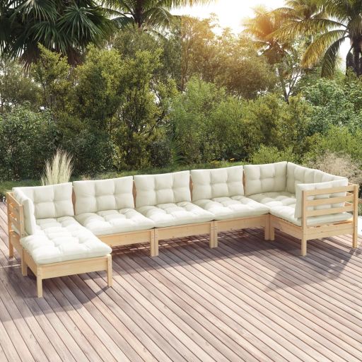 7-tlg. Garten-Lounge-Set mit Grauen Kissen Kiefer Massivholz