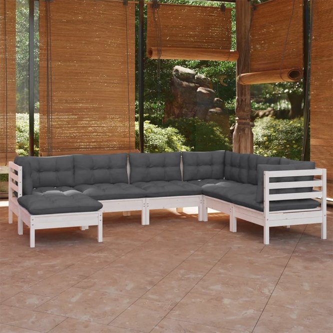 7-tlg. Garten-Lounge-Set mit Grauen Kissen Kiefer Massivholz
