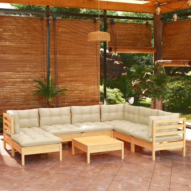 8-tlg. Garten-Lounge-Set mit Grauen Kissen Kiefer Massivholz