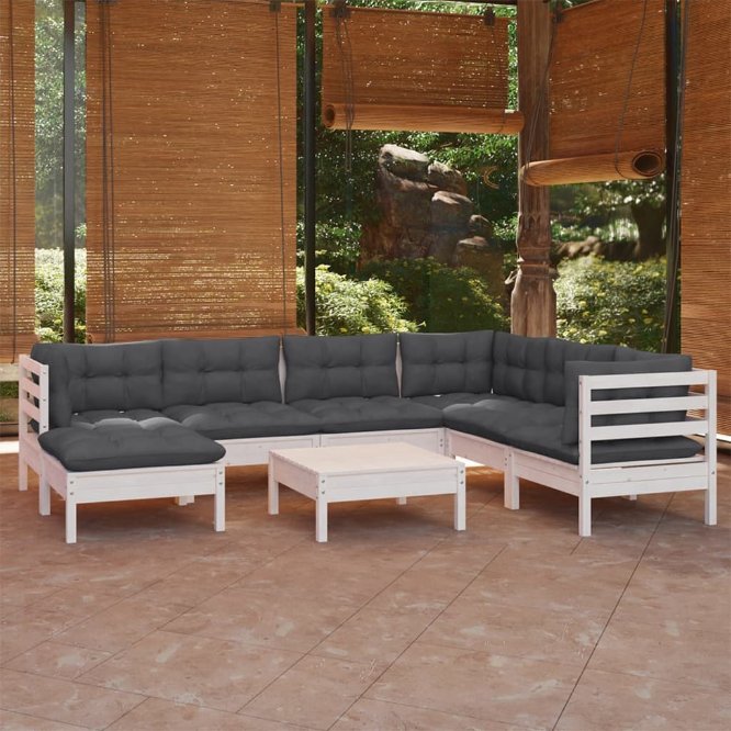 8-tlg. Garten-Lounge-Set mit Grauen Kissen Kiefer Massivholz