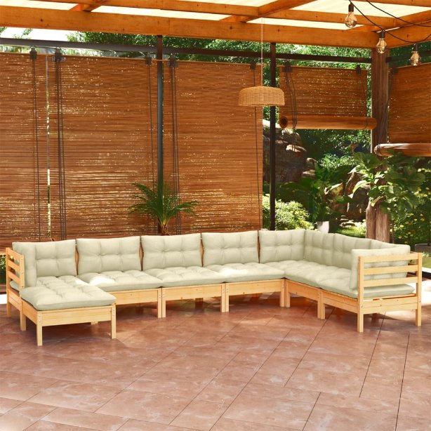 8-tlg. Garten-Lounge-Set mit Grauen Kissen Kiefer Massivholz