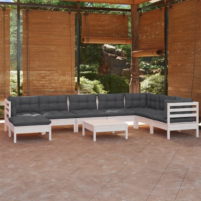 9-tlg. Garten-Lounge-Set mit Grauen Kissen Kiefer Massivholz