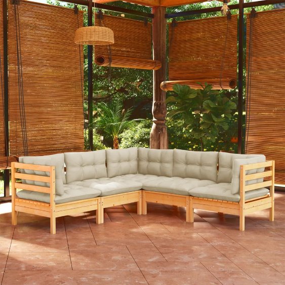 5-tlg. Garten-Lounge-Set mit Grauen Kissen Kiefer Massivholz