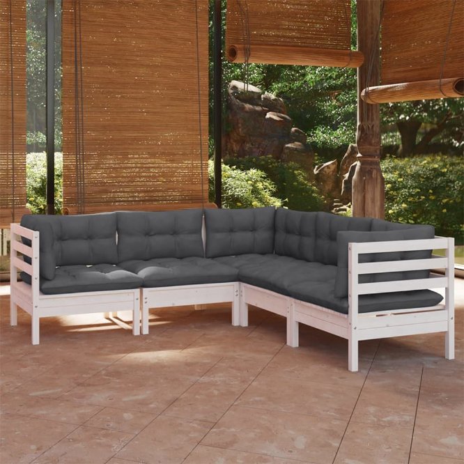 5-tlg. Garten-Lounge-Set mit Grauen Kissen Kiefer Massivholz
