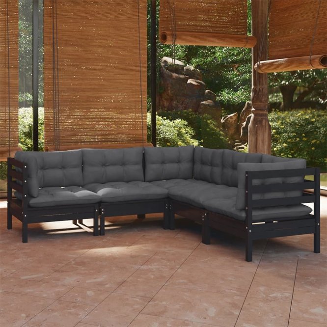 5-tlg. Garten-Lounge-Set mit Grauen Kissen Kiefer Massivholz