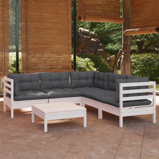 6-tlg. Garten-Lounge-Set mit Grauen Kissen Kiefer Massivholz