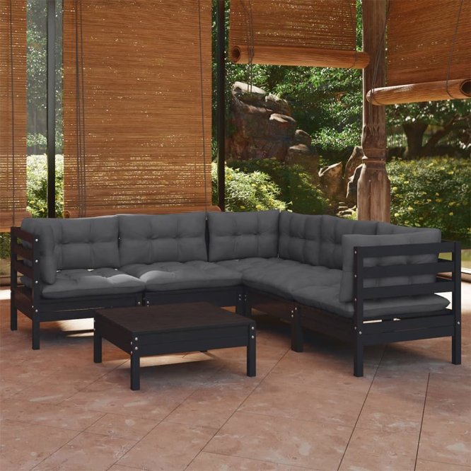 6-tlg. Garten-Lounge-Set mit Grauen Kissen Kiefer Massivholz