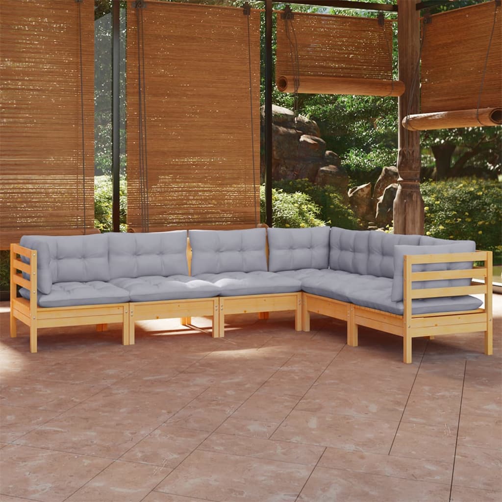 6-tlg. Garten-Lounge-Set mit Grauen Kissen Kiefer Massivholz