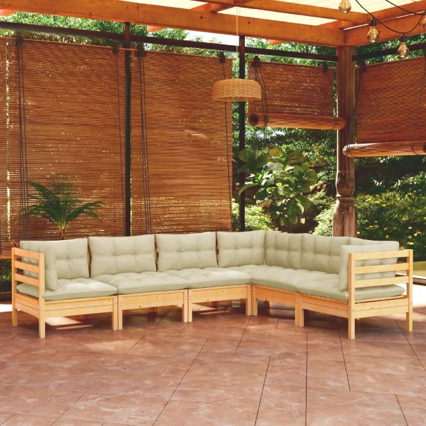 6-tlg. Garten-Lounge-Set mit Grauen Kissen Kiefer Massivholz