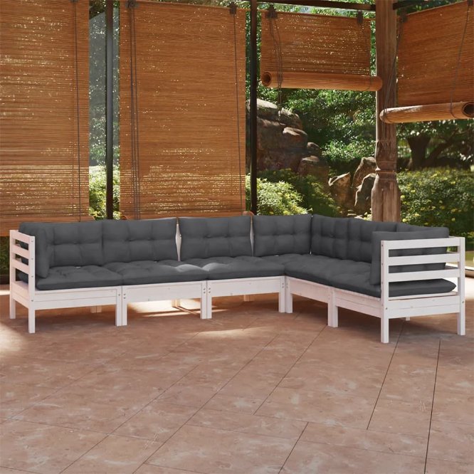 6-tlg. Garten-Lounge-Set mit Grauen Kissen Kiefer Massivholz
