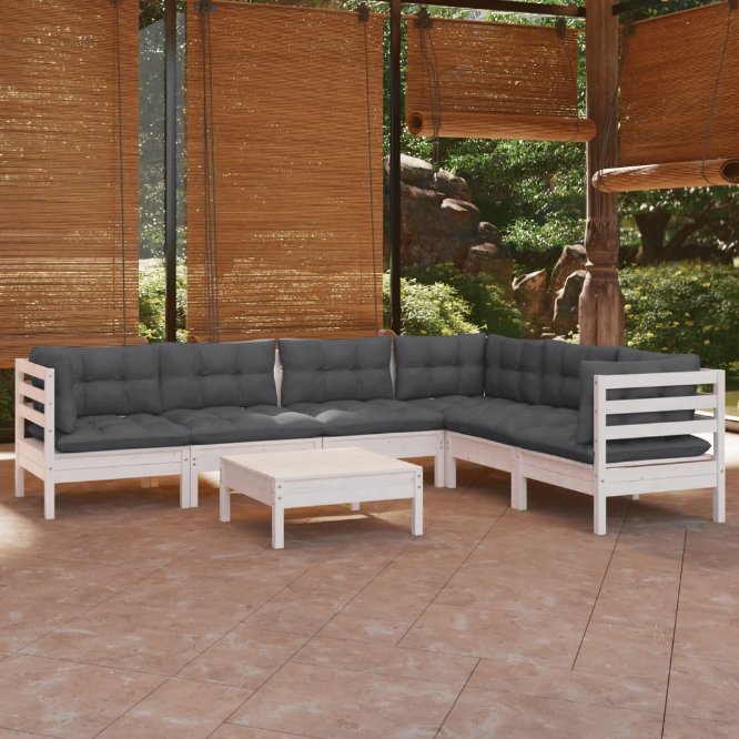 7-tlg. Garten-Lounge-Set mit Grauen Kissen Kiefer Massivholz