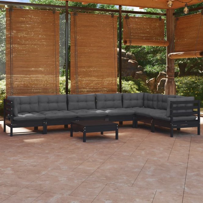 8-tlg. Garten-Lounge-Set mit Grauen Kissen Kiefer Massivholz