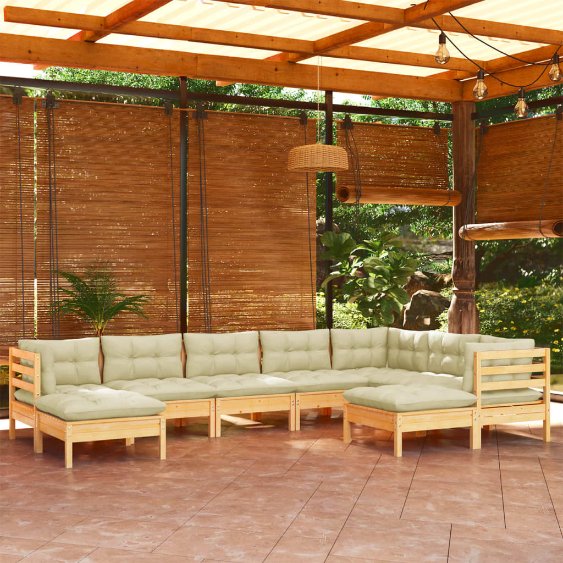 9-tlg. Garten-Lounge-Set mit Grauen Kissen Kiefer Massivholz
