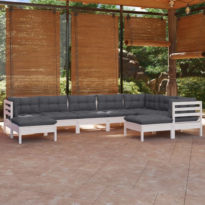 9-tlg. Garten-Lounge-Set mit Grauen Kissen Kiefer Massivholz