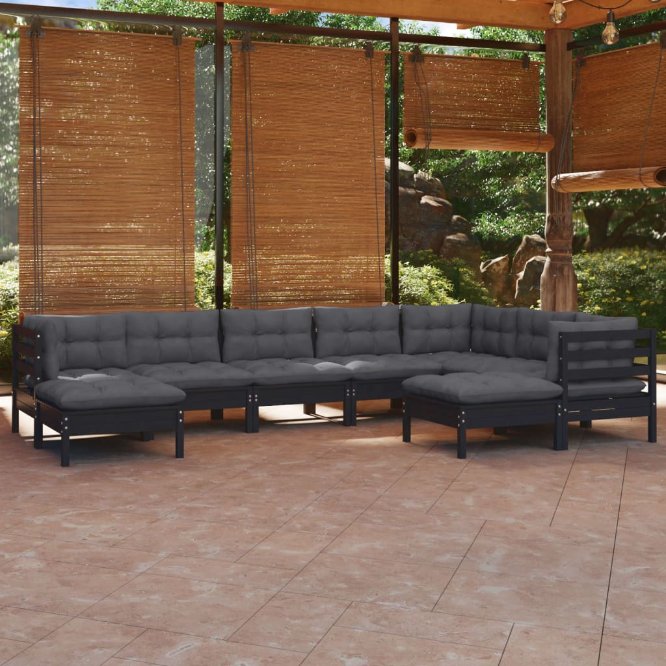 9-tlg. Garten-Lounge-Set mit Grauen Kissen Kiefer Massivholz