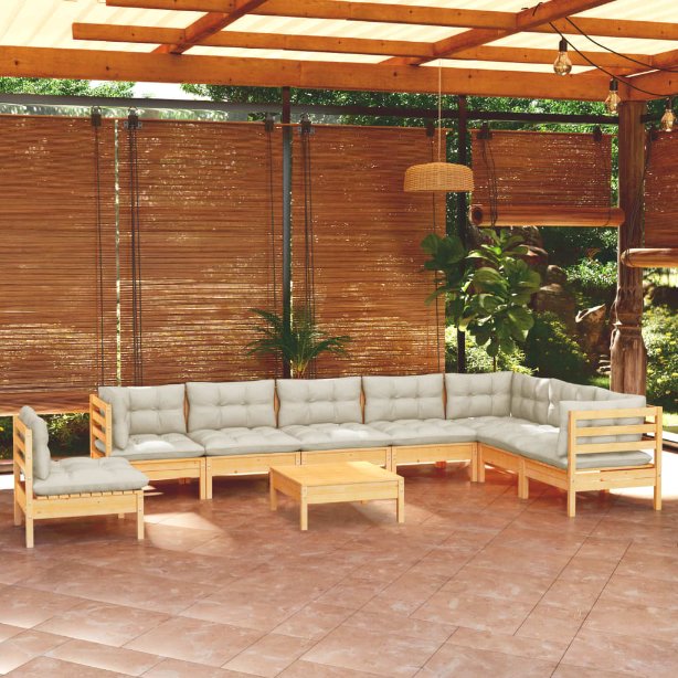 9-tlg. Garten-Lounge-Set mit Grauen Kissen Kiefer Massivholz