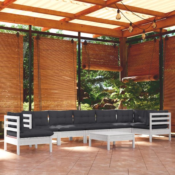 9-tlg. Garten-Lounge-Set mit Grauen Kissen Kiefer Massivholz