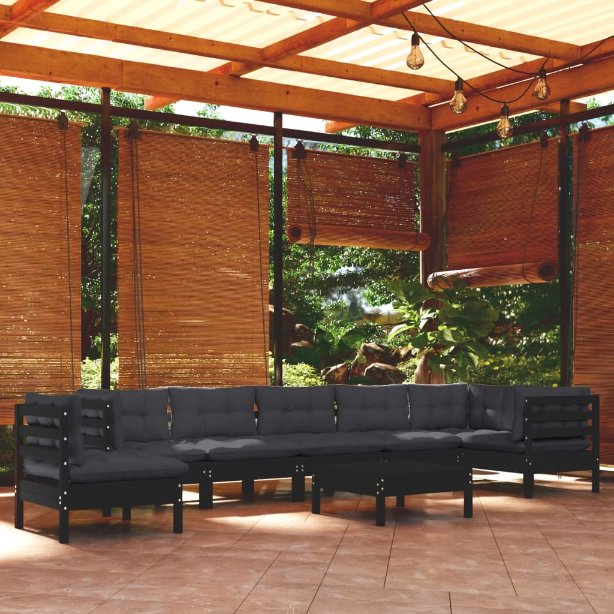 9-tlg. Garten-Lounge-Set mit Grauen Kissen Kiefer Massivholz