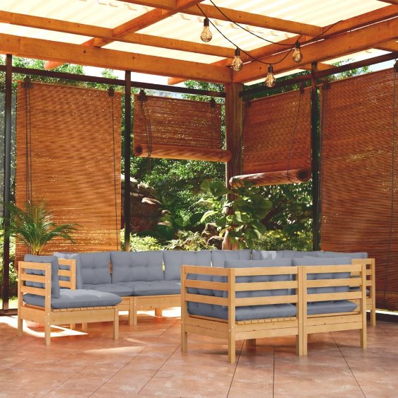 9-tlg. Garten-Lounge-Set mit Grauen Kissen Kiefer Massivholz