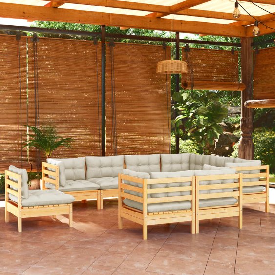 9-tlg. Garten-Lounge-Set mit Grauen Kissen Kiefer Massivholz