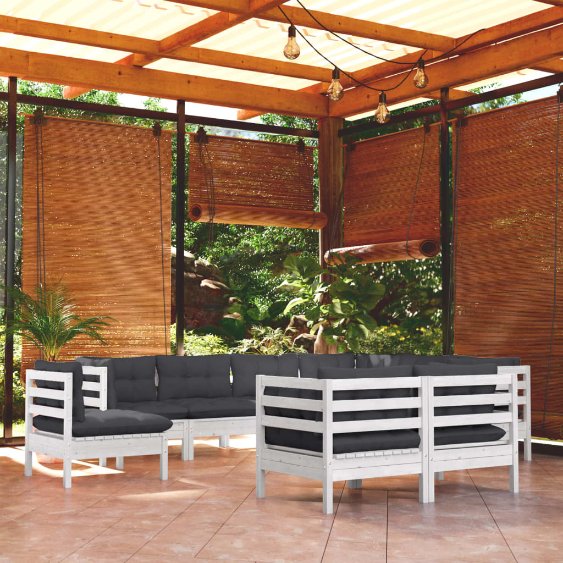 9-tlg. Garten-Lounge-Set mit Grauen Kissen Kiefer Massivholz