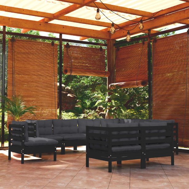 9-tlg. Garten-Lounge-Set mit Grauen Kissen Kiefer Massivholz