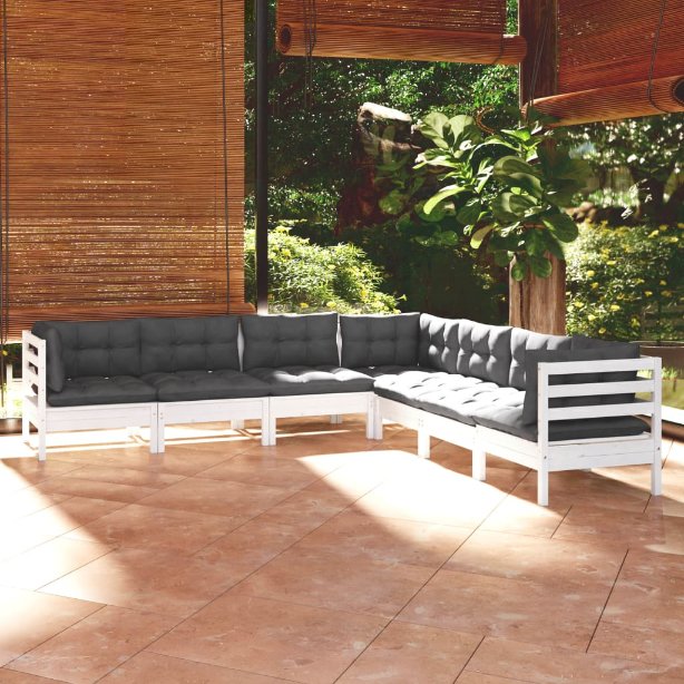 7-tlg. Garten-Lounge-Set mit Grauen Kissen Kiefer Massivholz
