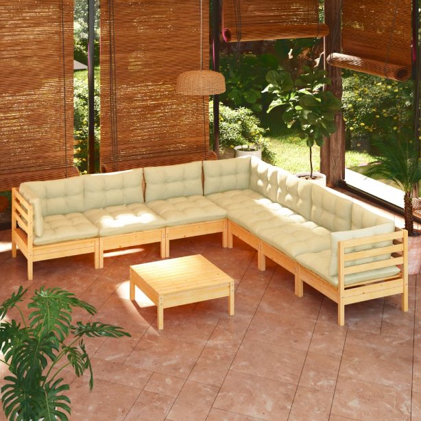 8-tlg. Garten-Lounge-Set mit Grauen Kissen Kiefer Massivholz