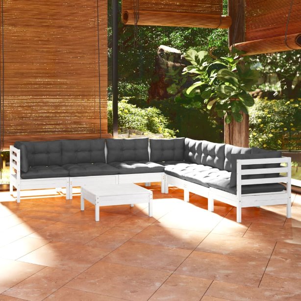 8-tlg. Garten-Lounge-Set mit Grauen Kissen Kiefer Massivholz
