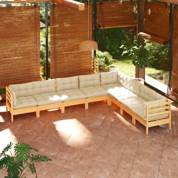 8-tlg. Garten-Lounge-Set mit Grauen Kissen Kiefer Massivholz